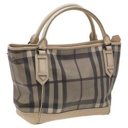 Pre Owned Burberry Beige Smoke Check PVC And Leather Tote