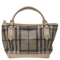 Pre Owned Burberry Beige Smoke Check PVC And Leather Tote