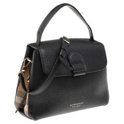 Pre Owned Burberry Black/Beige Leather And House Check Fabric Medium Camberley Top Handle Bag