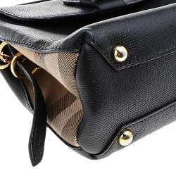 Pre Owned Burberry Black/Beige Leather And House Check Fabric Medium Camberley Top Handle Bag