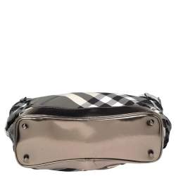 Pre Owned Burberry Metallic Grey Leather And Beat Check Nylon Hobo