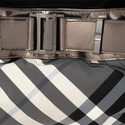 Pre Owned Burberry Metallic Grey Leather And Beat Check Nylon Hobo