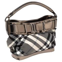 Pre Owned Burberry Metallic Grey Leather And Beat Check Nylon Hobo
