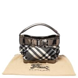 Pre Owned Burberry Metallic Grey Leather And Beat Check Nylon Hobo
