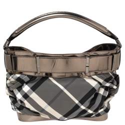Pre Owned Burberry Metallic Grey Leather And Beat Check Nylon Hobo