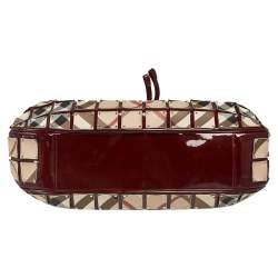 Pre Owned Burberry Burgundy-Nova Check Canvas And Patent Leather Warrior Armor Hobo