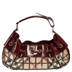 Pre Owned Burberry Burgundy-Nova Check Canvas And Patent Leather Warrior Armor Hobo