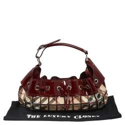 Pre Owned Burberry Burgundy-Nova Check Canvas And Patent Leather Warrior Armor Hobo