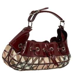 Pre Owned Burberry Burgundy-Nova Check Canvas And Patent Leather Warrior Armor Hobo