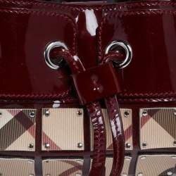 Pre Owned Burberry Burgundy-Nova Check Canvas And Patent Leather Warrior Armor Hobo