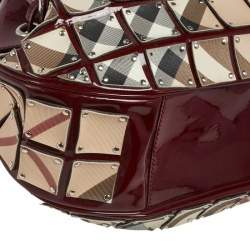 Pre Owned Burberry Burgundy-Nova Check Canvas And Patent Leather Warrior Armor Hobo