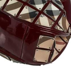 Pre Owned Burberry Burgundy-Nova Check Canvas And Patent Leather Warrior Armor Hobo