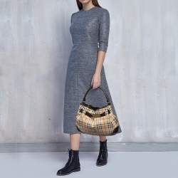 Pre Owned Burberry Beige/Brown Haymarket Check Coated Canvas And Leather Medium Willenmore Hobo