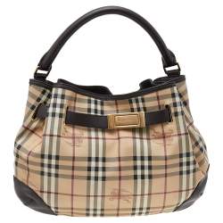 Pre Owned Burberry Beige/Brown Haymarket Check Coated Canvas And Leather Medium Willenmore Hobo