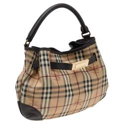 Pre Owned Burberry Beige/Brown Haymarket Check Coated Canvas And Leather Medium Willenmore Hobo