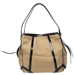 Pre Owned Burberry Khaki/Black Canvas And Leather Hobo