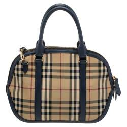 Pre Owned Burberry Beige/Blue Haymarket Check Canvas and Leather Small Orchard Bowler Bag
