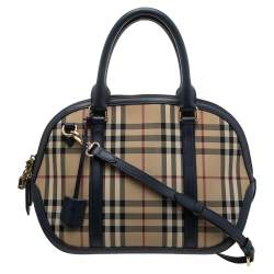 Pre Owned Burberry Beige/Blue Haymarket Check Canvas and Leather Small Orchard Bowler Bag
