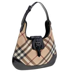 Pre Owned Burberry Beige/Black Super Nova Check PVC And Patent Leather Brooke Hobo