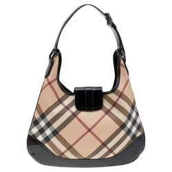 Pre Owned Burberry Beige/Black Super Nova Check PVC And Patent Leather Brooke Hobo