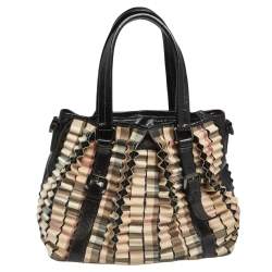 Burberry Black/Beige House Check PVC and Patent Leather Lowry Ruffled Tote
