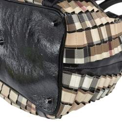 Burberry Black/Beige House Check PVC and Patent Leather Lowry Ruffled Tote