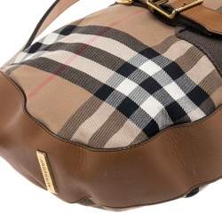 Pre Owned Burberry Brown/Beige Nova Check Canvas and Leather Buckle Hobo