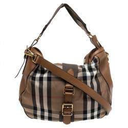 Pre Owned Burberry Brown/Beige Nova Check Canvas and Leather Buckle Hobo