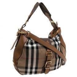 Pre Owned Burberry Brown/Beige Nova Check Canvas and Leather Buckle Hobo