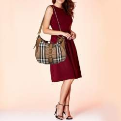 Pre Owned Burberry Brown/Beige Nova Check Canvas and Leather Buckle Hobo