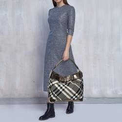 Pre Owned Burberry Metallic/Black Beat Check Nylon and Glossy Leather Buckle Shoulder Bag