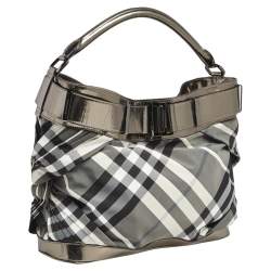 Pre Owned Burberry Metallic/Black Beat Check Nylon and Glossy Leather Buckle Shoulder Bag