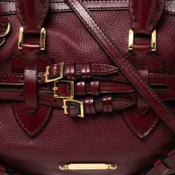 Pre Owned Burberry Burgundy Grained Leather Medium Bridle Lynher Tote