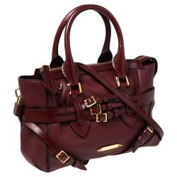Pre Owned Burberry Burgundy Grained Leather Medium Bridle Lynher Tote