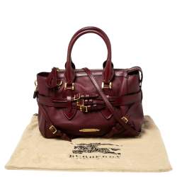 Pre Owned Burberry Burgundy Grained Leather Medium Bridle Lynher Tote