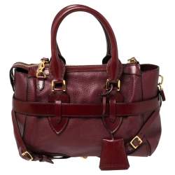 Pre Owned Burberry Burgundy Grained Leather Medium Bridle Lynher Tote
