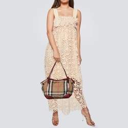 Pre Owned Burberry Dark Red/Beige House Check Canvas and Leather Small Canterbury Tote