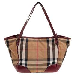 Pre Owned Burberry Dark Red/Beige House Check Canvas and Leather Small Canterbury Tote