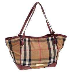 Pre Owned Burberry Dark Red/Beige House Check Canvas and Leather Small Canterbury Tote
