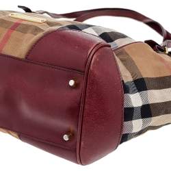 Pre Owned Burberry Dark Red/Beige House Check Canvas and Leather Small Canterbury Tote