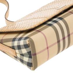 Pre Owned Burberry Beige Python And Novacheck Coated Canvas Flap Bag