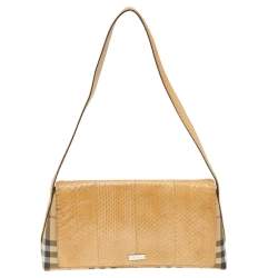 Pre Owned Burberry Beige Python And Novacheck Coated Canvas Flap Bag