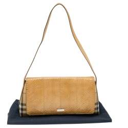 Pre Owned Burberry Beige Python And Novacheck Coated Canvas Flap Bag