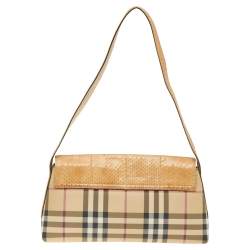 Pre Owned Burberry Beige Python And Novacheck Coated Canvas Flap Bag