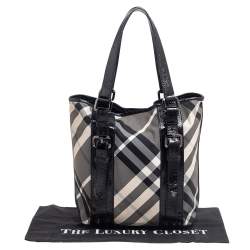 Pre Owned Burberry Black Beat Check Nylon And Patent Leather Small Lowry Tote