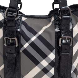 Pre Owned Burberry Black Beat Check Nylon And Patent Leather Small Lowry Tote