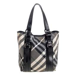 Pre Owned Burberry Black Beat Check Nylon And Patent Leather Small Lowry Tote