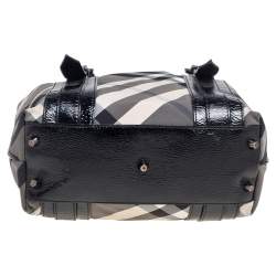 Pre Owned Burberry Black Beat Check Nylon And Patent Leather Small Lowry Tote