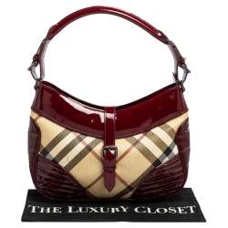 Pre Owned Burberry Burgundy/Beige Nova Check PVC and Patent Leather Hobo