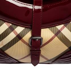 Pre Owned Burberry Burgundy/Beige Nova Check PVC and Patent Leather Hobo